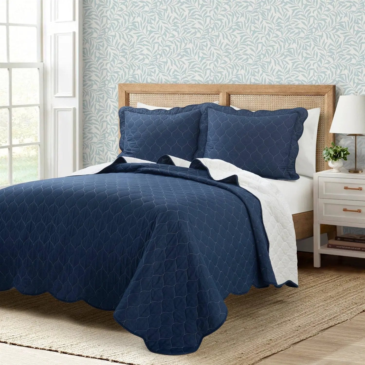 King size White Navy Scalloped Edge Reversible Lightweight Quilt Set by HomePacific