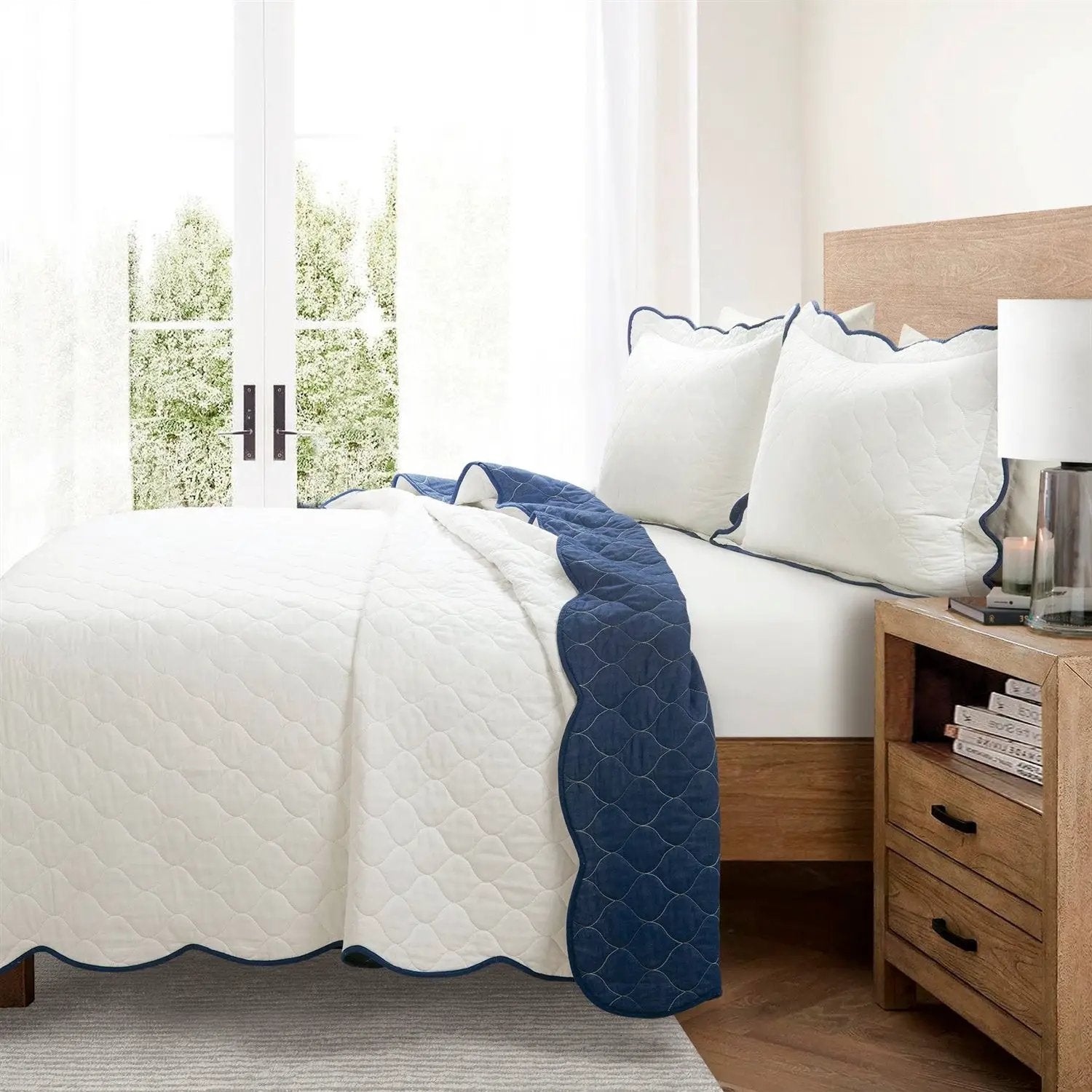 King size White Navy Scalloped Edge Reversible Lightweight Quilt Set by HomePacific