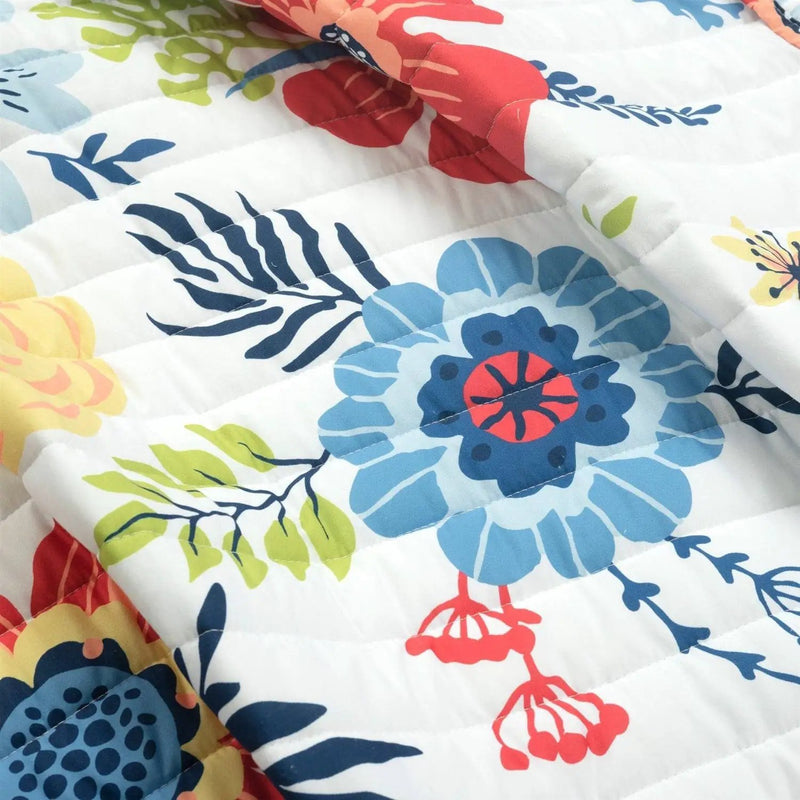 Full/Queen Lightweight Floral Navy Blue Coral White 3-Piece Polyester Quilt Set by HomePacific