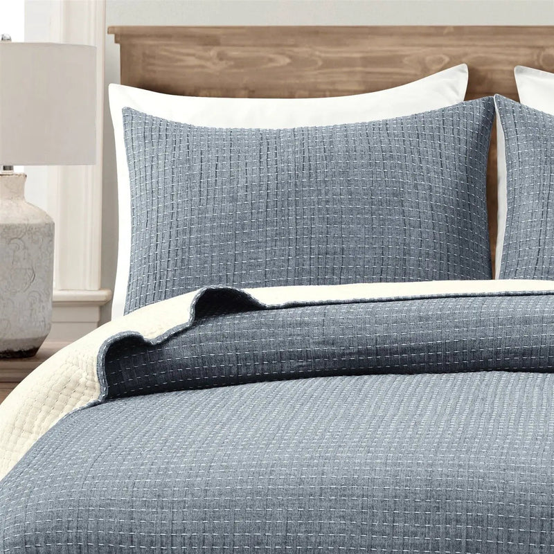 Full/Queen Size 3-Piece Reversible Woven Cotton Quilt Set in Navy Cream by HomePacific