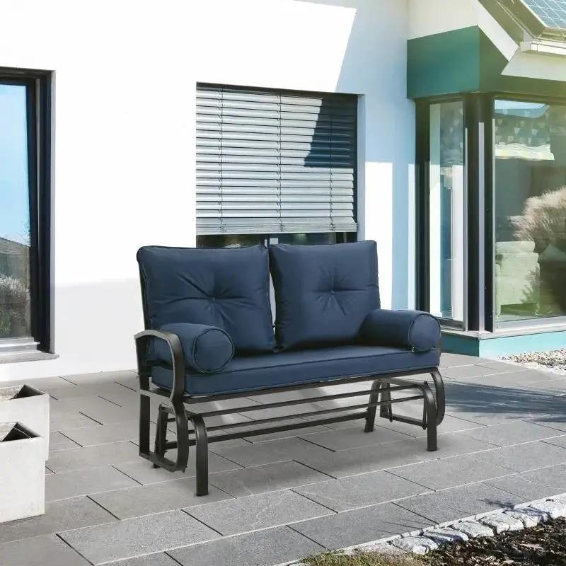 Outdoor Garden Patio Rocking Glider Chair Loveseat with Navy Blue Cushions by HomePacific