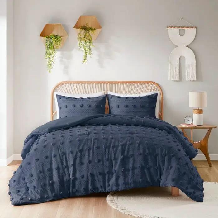 Full/Queen 3 Piece Navy Pompom Microfiber Hypoallergenic Comforter Set by HomePacific