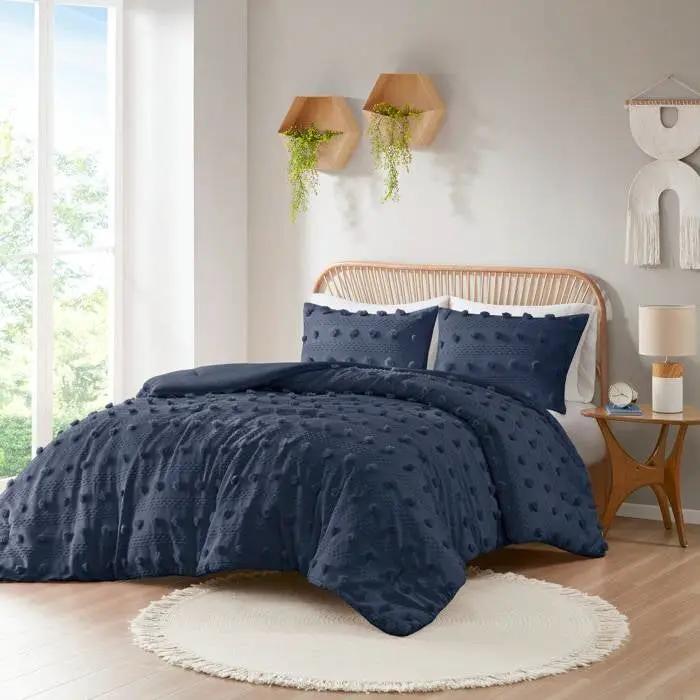 Full/Queen 3 Piece Navy Pompom Microfiber Hypoallergenic Comforter Set by HomePacific