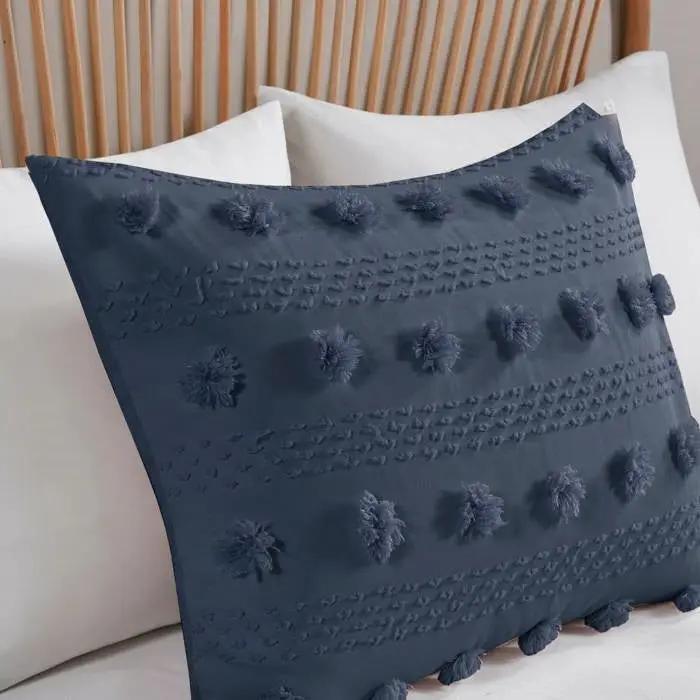 Full/Queen 3 Piece Navy Pompom Microfiber Hypoallergenic Comforter Set by HomePacific