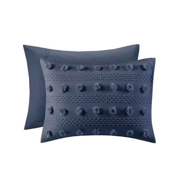 Full/Queen 3 Piece Navy Pompom Microfiber Hypoallergenic Comforter Set by HomePacific