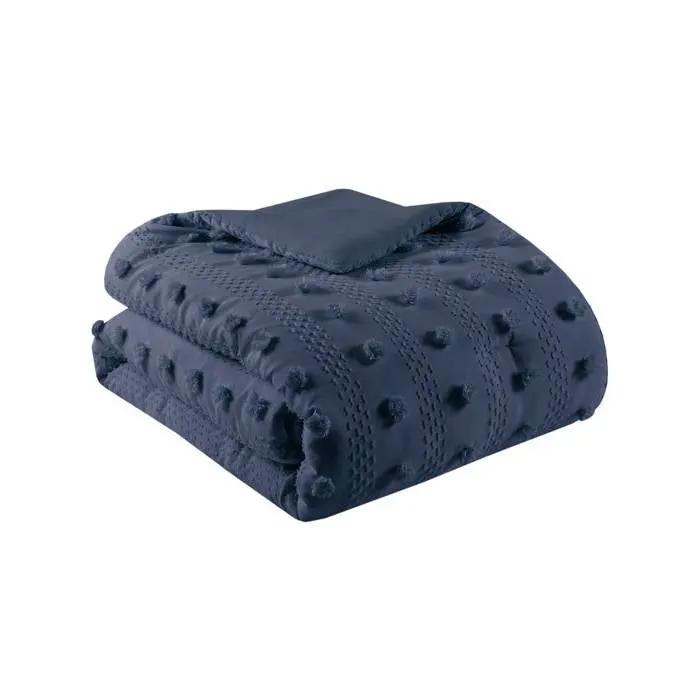 Full/Queen 3 Piece Navy Pompom Microfiber Hypoallergenic Comforter Set by HomePacific