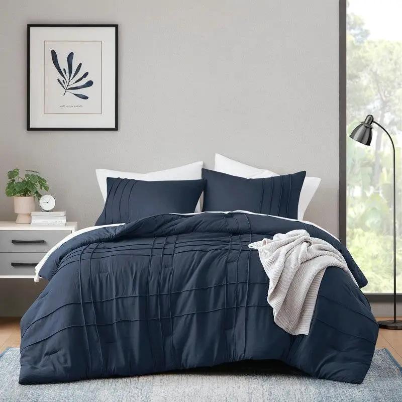 Twin/Twin XL Microfiber Pleated Bohemian style Pre-Washed Comforter Set in Navy by HomePacific