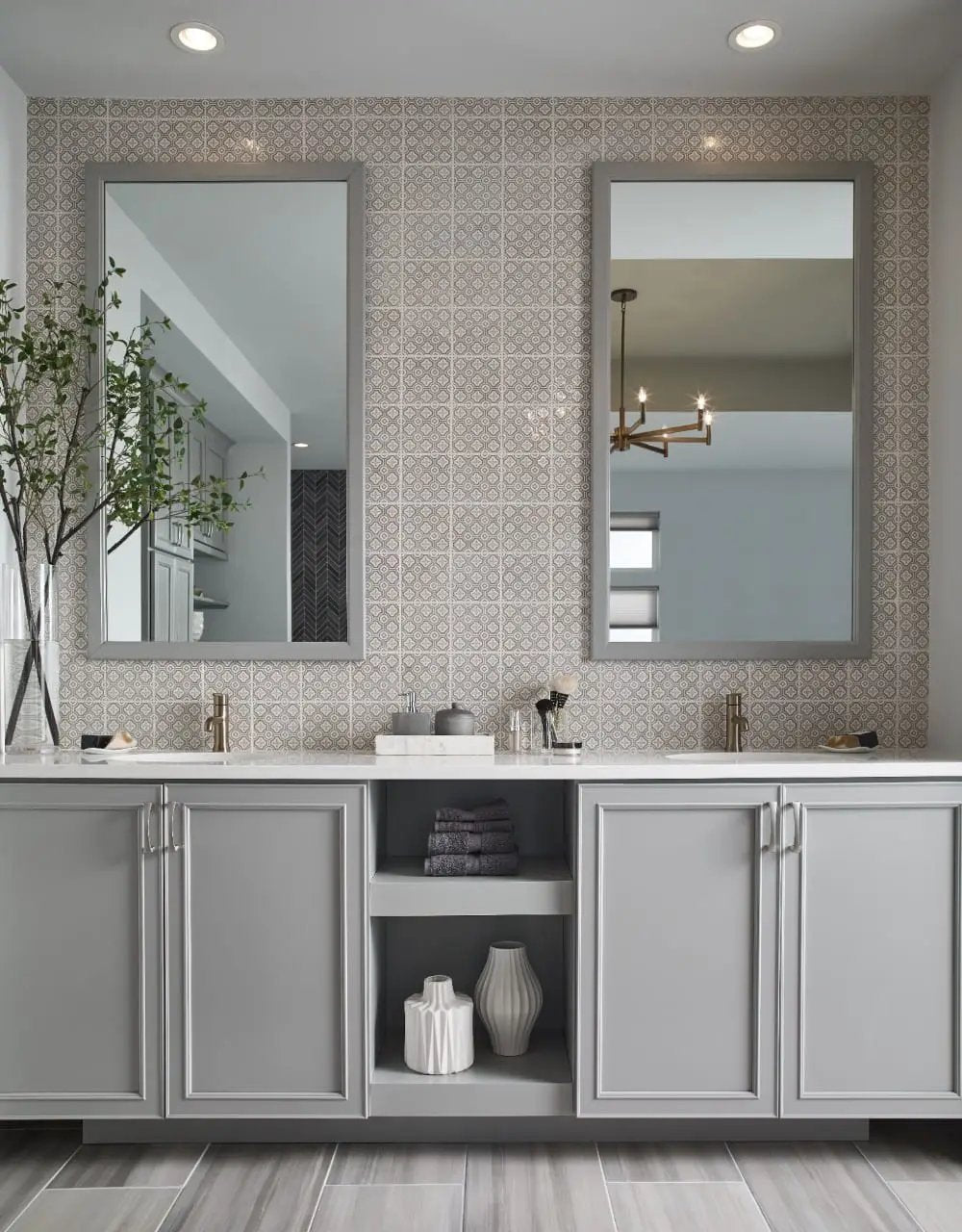 Watercolor Grigio Matte Bullnose Marble Look Porcelain Moldings 3.5x24 in a finished room