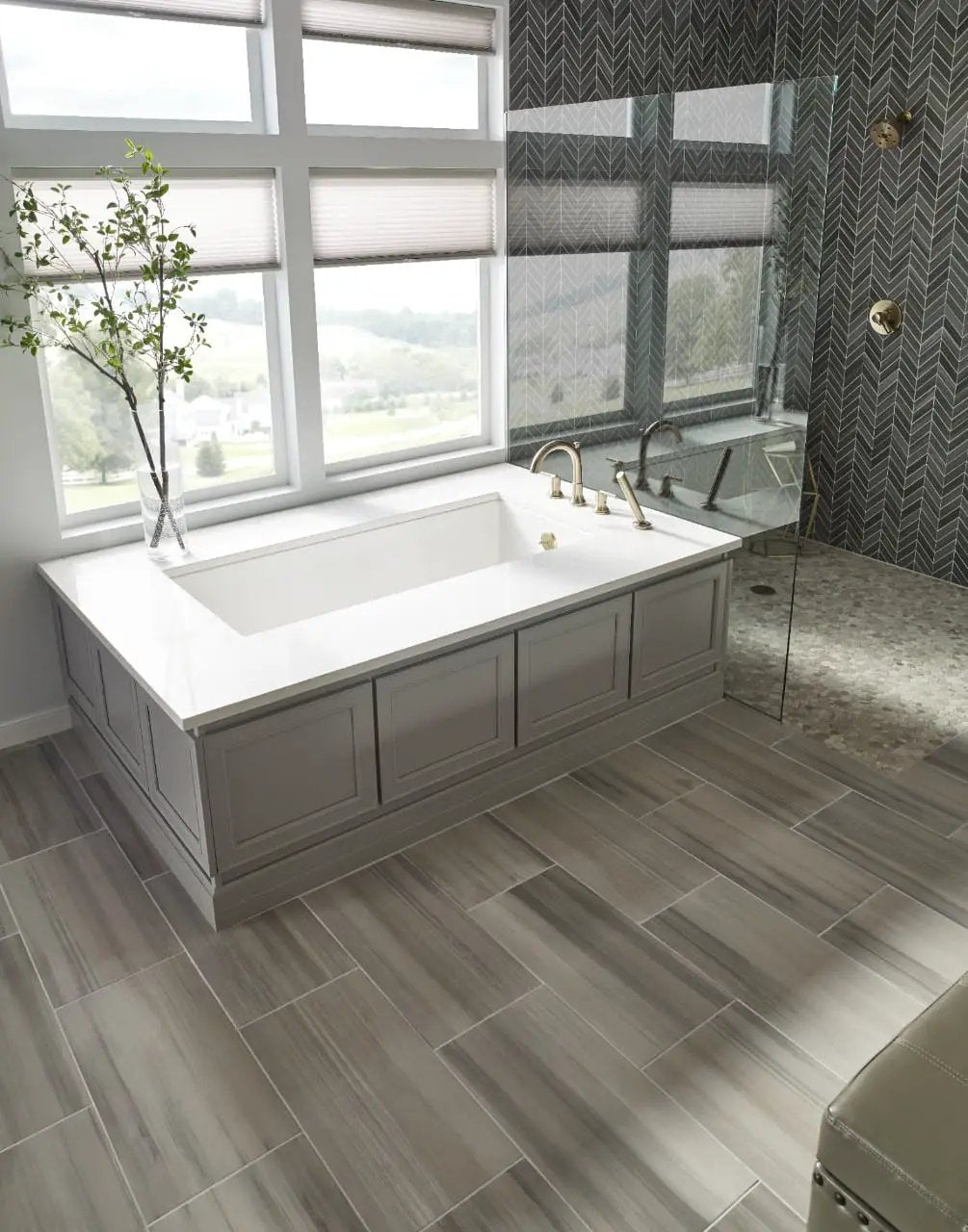 Watercolor Grigio Matte Bullnose Marble Look Porcelain Moldings 3.5x24 in a finished room