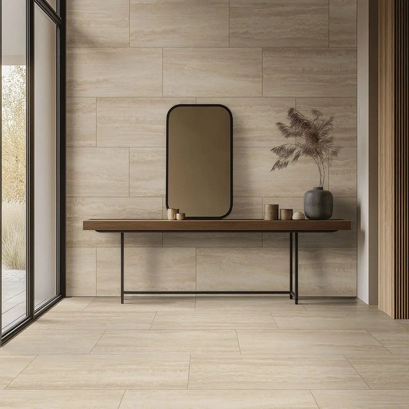 Assos Matte Travertine Look Porcelain Tiles 24x48 in a finished room