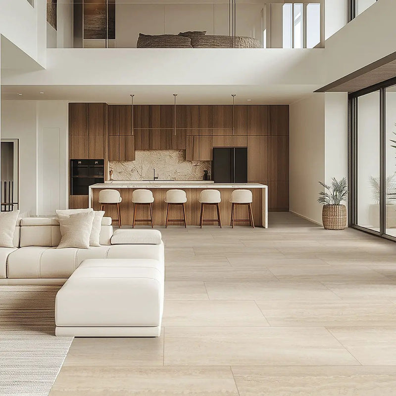 Assos Matte Travertine Look Porcelain Tiles 24x48 in a finished room