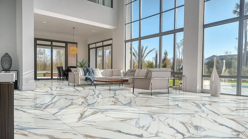 Valesia Azula Polished Marble Look Porcelain Tiles 24x48 in a finished room