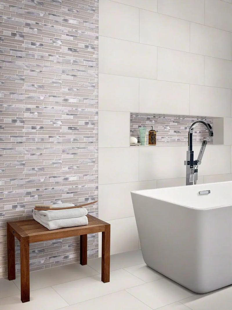 Domino White Matte Bullnose Porcelain Mosaics 4x24 in a finished room