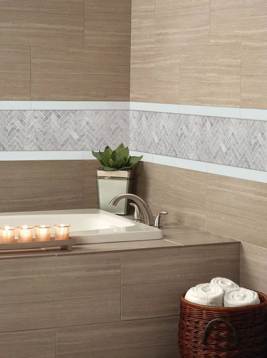 Domino White Glossy Bullnose Porcelain Mosaics 4x16 in a finished room
