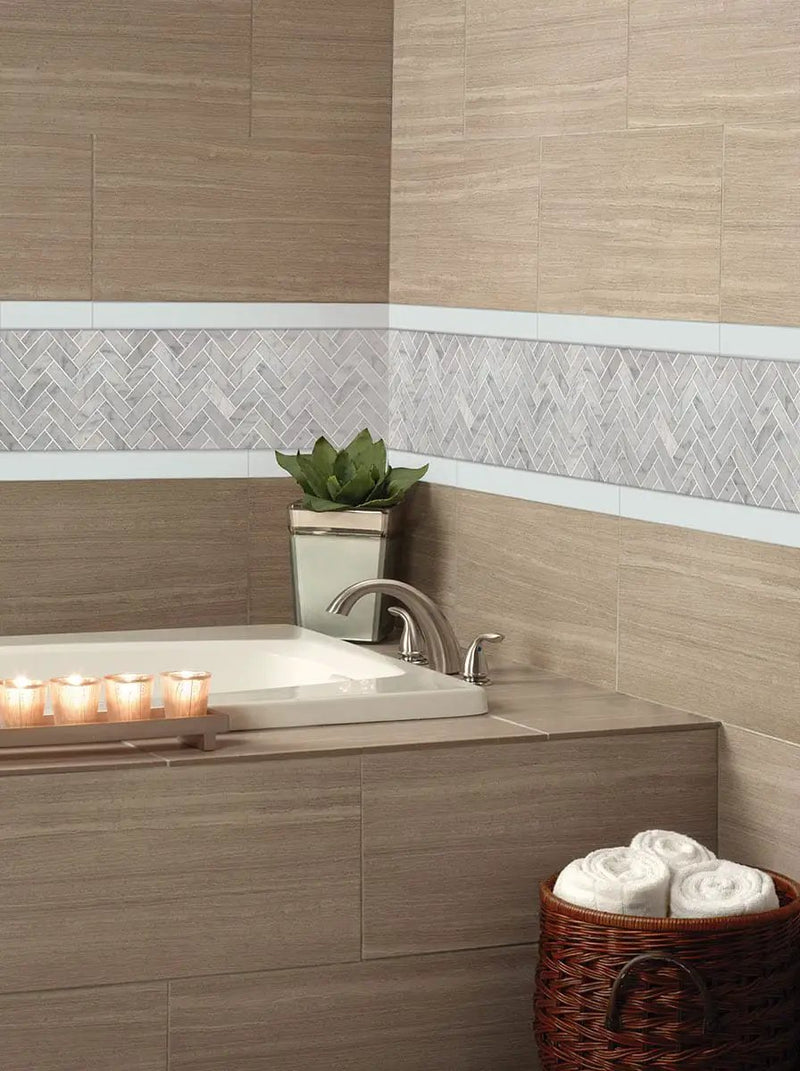 Domino White Glossy Bullnose Porcelain Mosaics 4x16 in a finished room