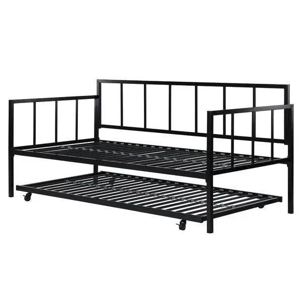 Twin size Heavy Duty Metal Daybed with Roll-Out Trundle Bed by HomePacific