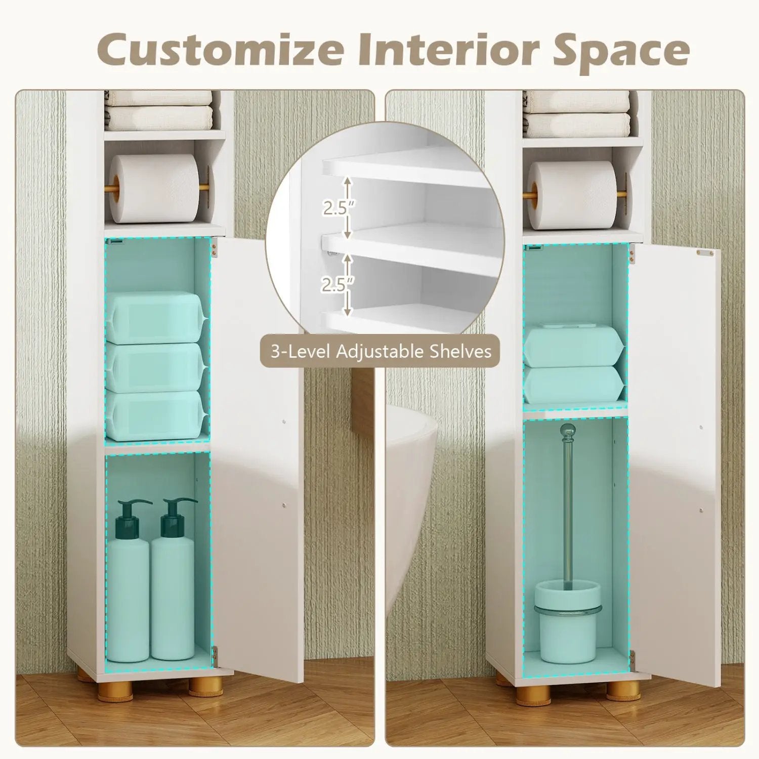 Narrow Bathroom Storage Cabinet with Shelves & Paper Holder by DirectDeals