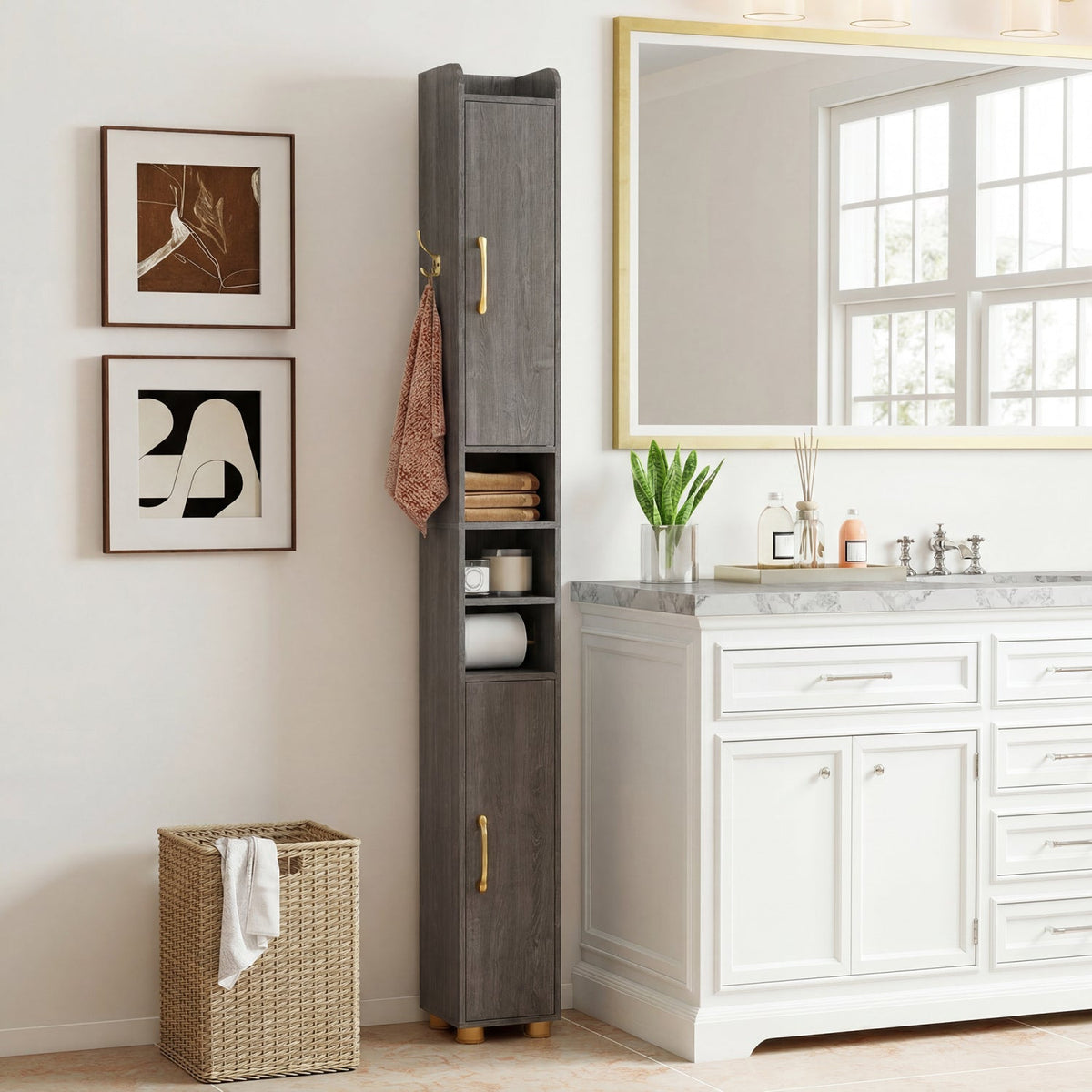 Narrow Bathroom Storage Cabinet with Shelves & Paper Holder, photo 9 of 32