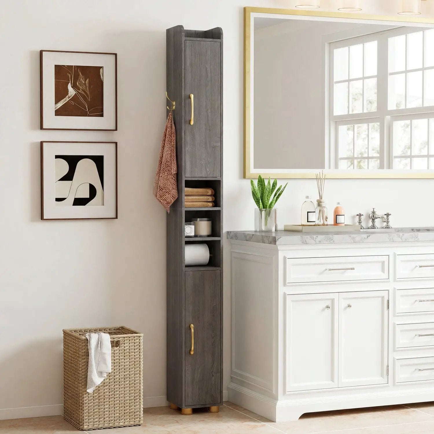 Narrow Bathroom Storage Cabinet with Shelves & Paper Holder by DirectDeals