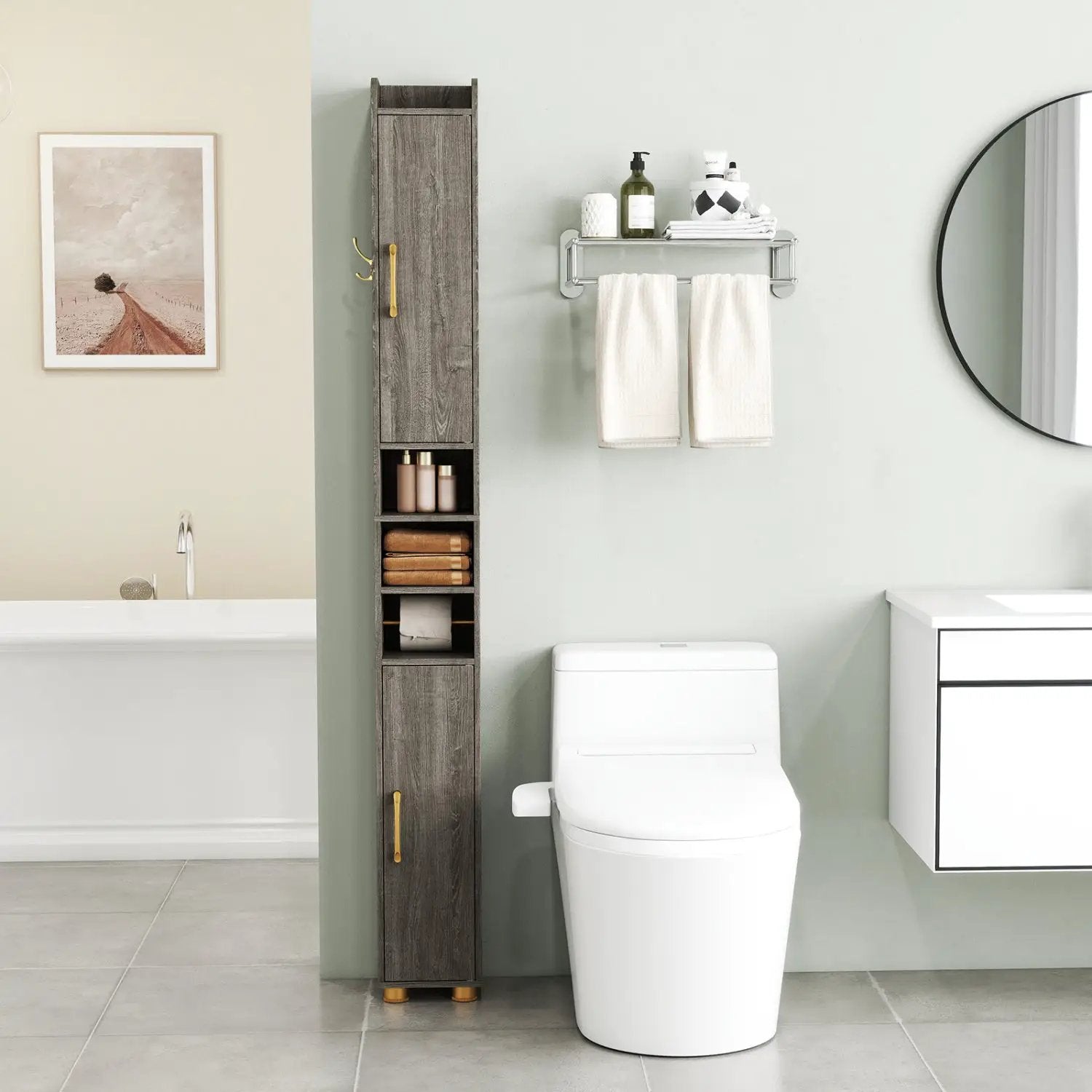 Narrow Bathroom Storage Cabinet with Shelves & Paper Holder by DirectDeals