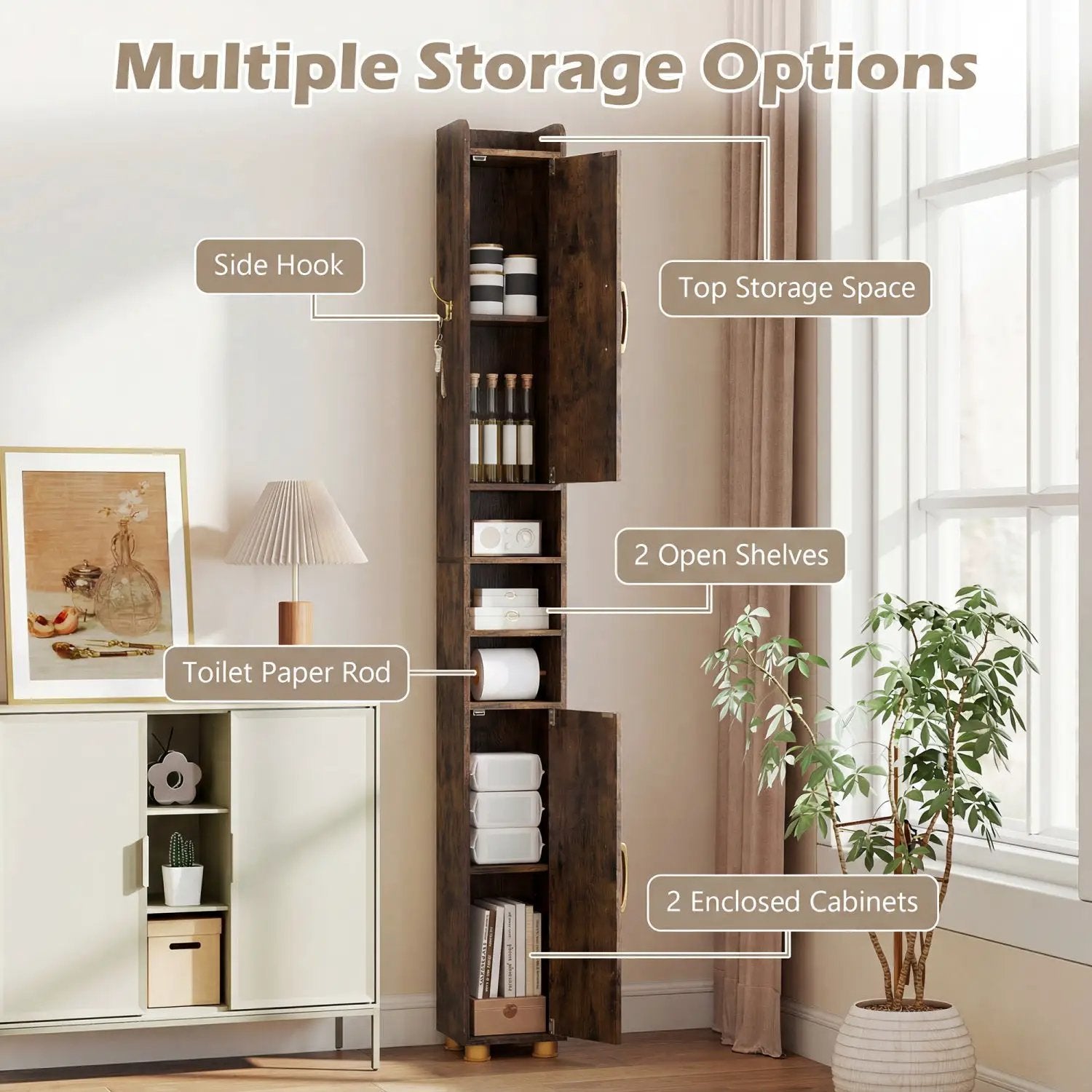 Narrow Bathroom Storage Cabinet with Shelves & Paper Holder by DirectDeals