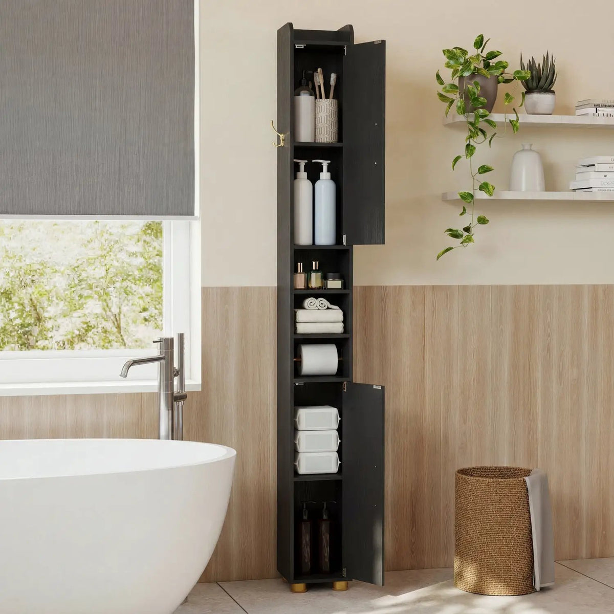 Narrow Bathroom Storage Cabinet with Shelves & Paper Holder, photo 30 of 32