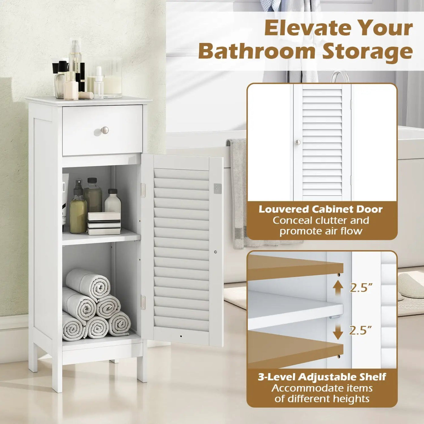 Narrow Bathroom Storage Cabinet with Adjustable Shelf & Drawer by DirectDeals