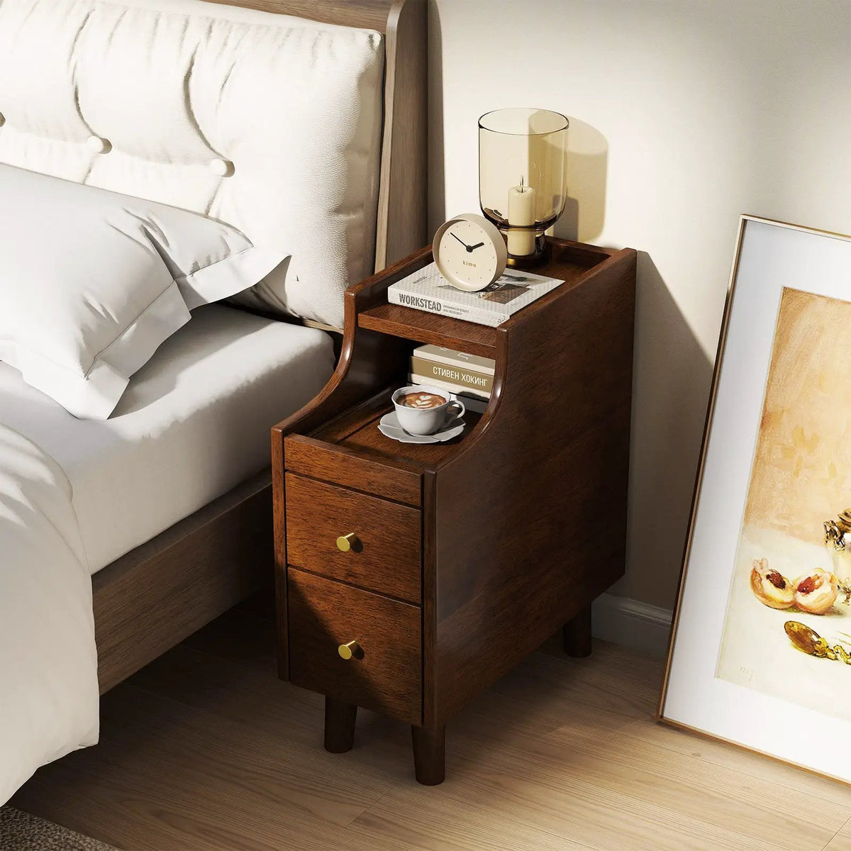 Solid Wood End Table Narrow Bedside Table with Pull-out Tray and 2 Storage Drawers-Brown, photo 2 of 10