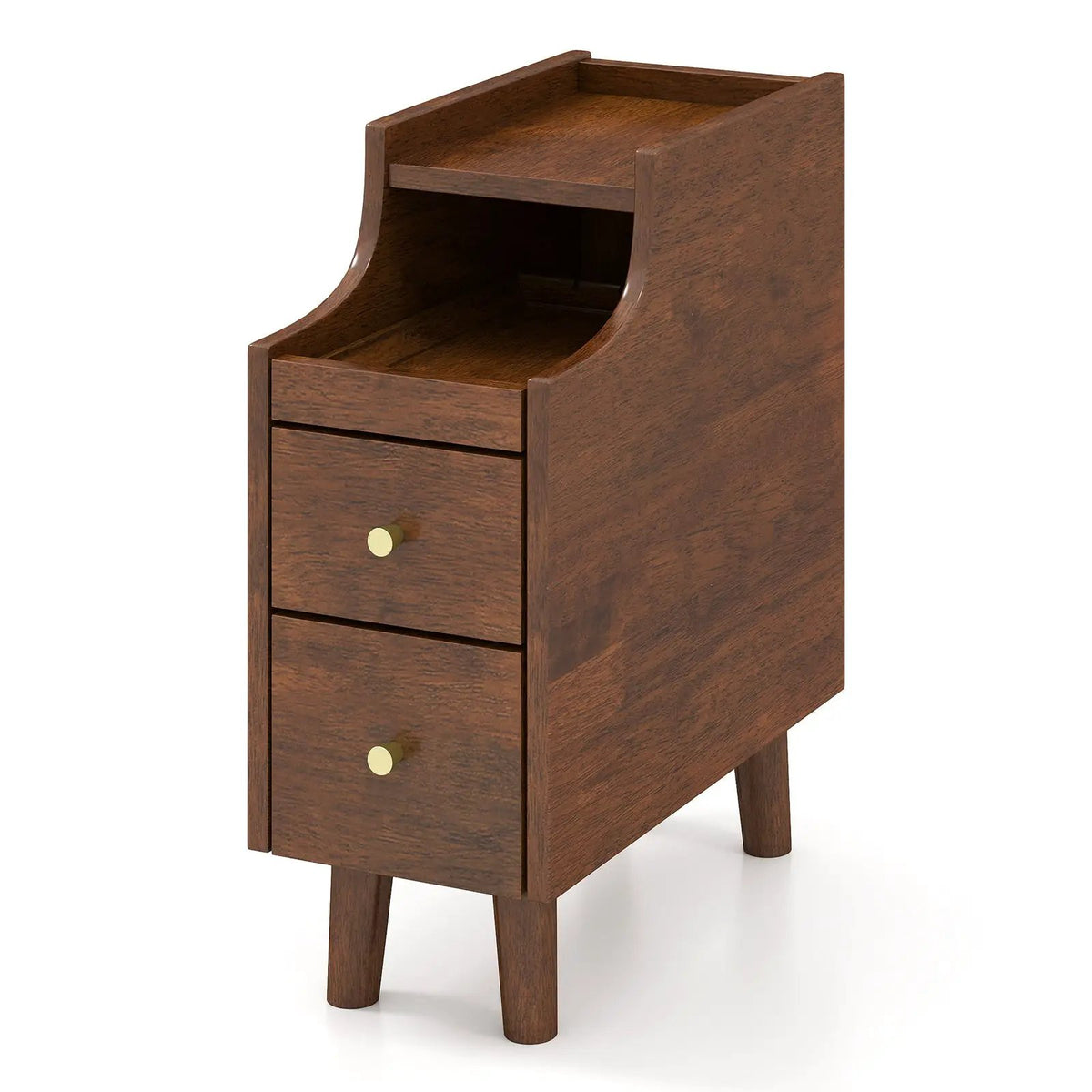 Solid Wood End Table Narrow Bedside Table with Pull-out Tray and 2 Storage Drawers-Brown, photo 3 of 10