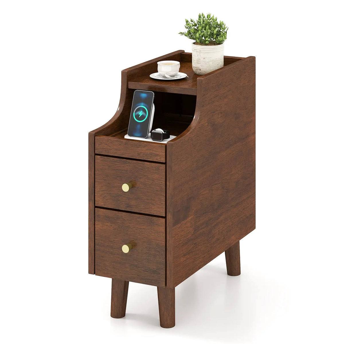 Solid Wood End Table Narrow Bedside Table with Pull-out Tray and 2 Storage Drawers-Brown, photo 4 of 10