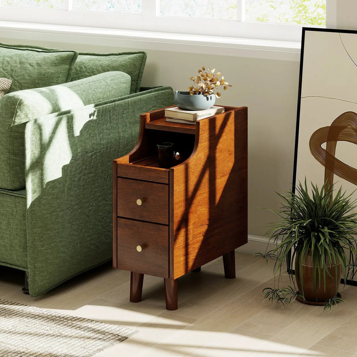 Solid Wood End Table Narrow Bedside Table with Pull-out Tray and 2 Storage Drawers-Brown, photo 6 of 10