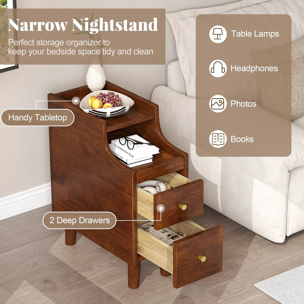 Solid Wood End Table Narrow Bedside Table with Pull-out Tray and 2 Storage Drawers-Brown, photo 7 of 10