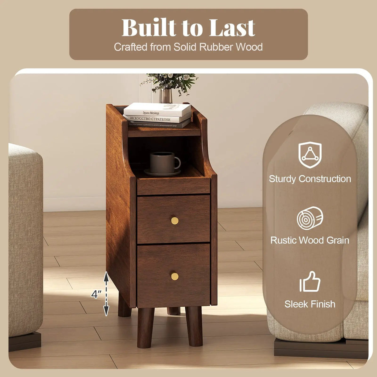 Solid Wood End Table Narrow Bedside Table with Pull-out Tray and 2 Storage Drawers-Brown, photo 8 of 10