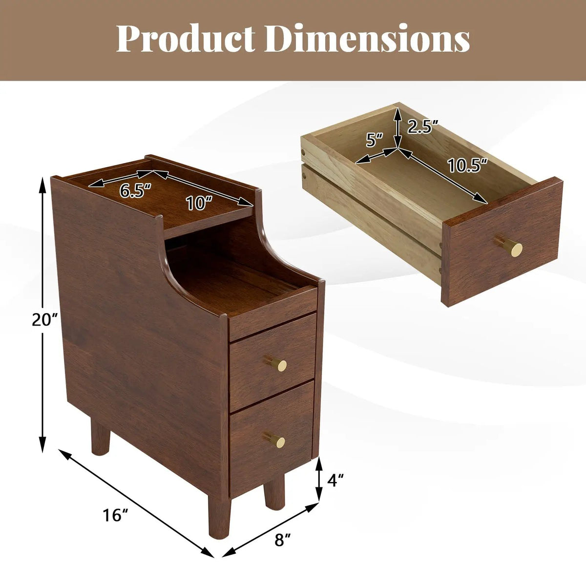 Solid Wood End Table Narrow Bedside Table with Pull-out Tray and 2 Storage Drawers-Brown, photo 5 of 10