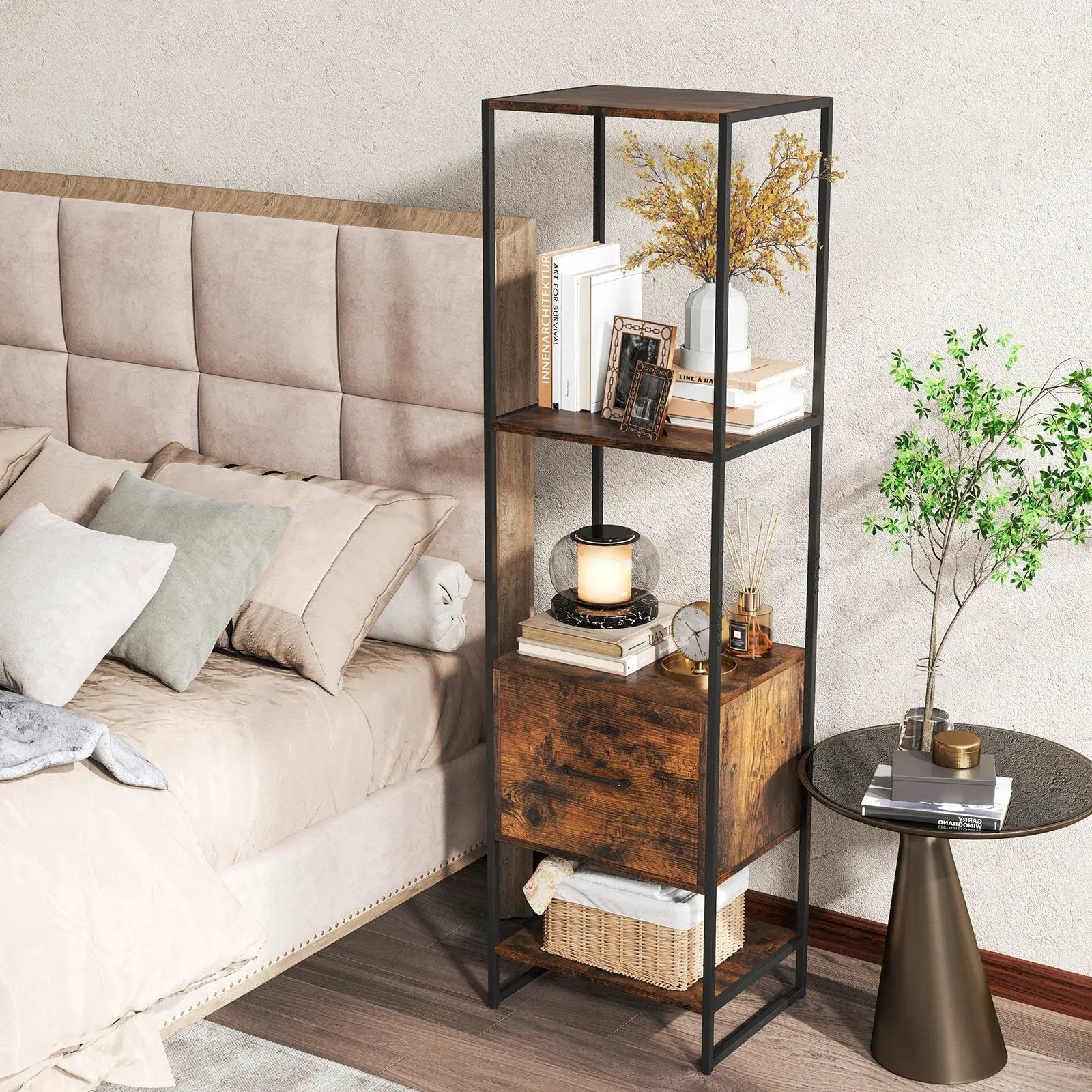 5-Tier Narrow Bookcase with 4 Open Shelves and Storage Drawer by DirectDeals
