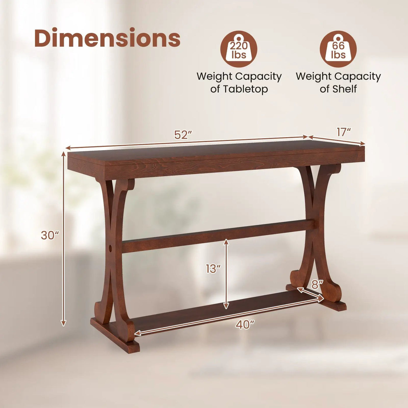 Narrow Console Table Vintage 52 Inch Long with Open Storage Shelf by DirectDeals