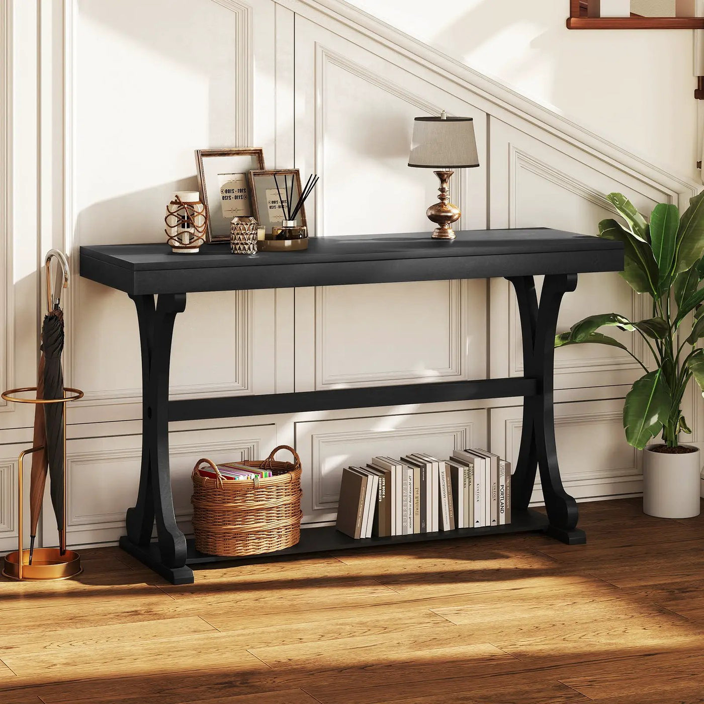 Narrow Console Table Vintage 52 Inch Long with Open Storage Shelf by DirectDeals