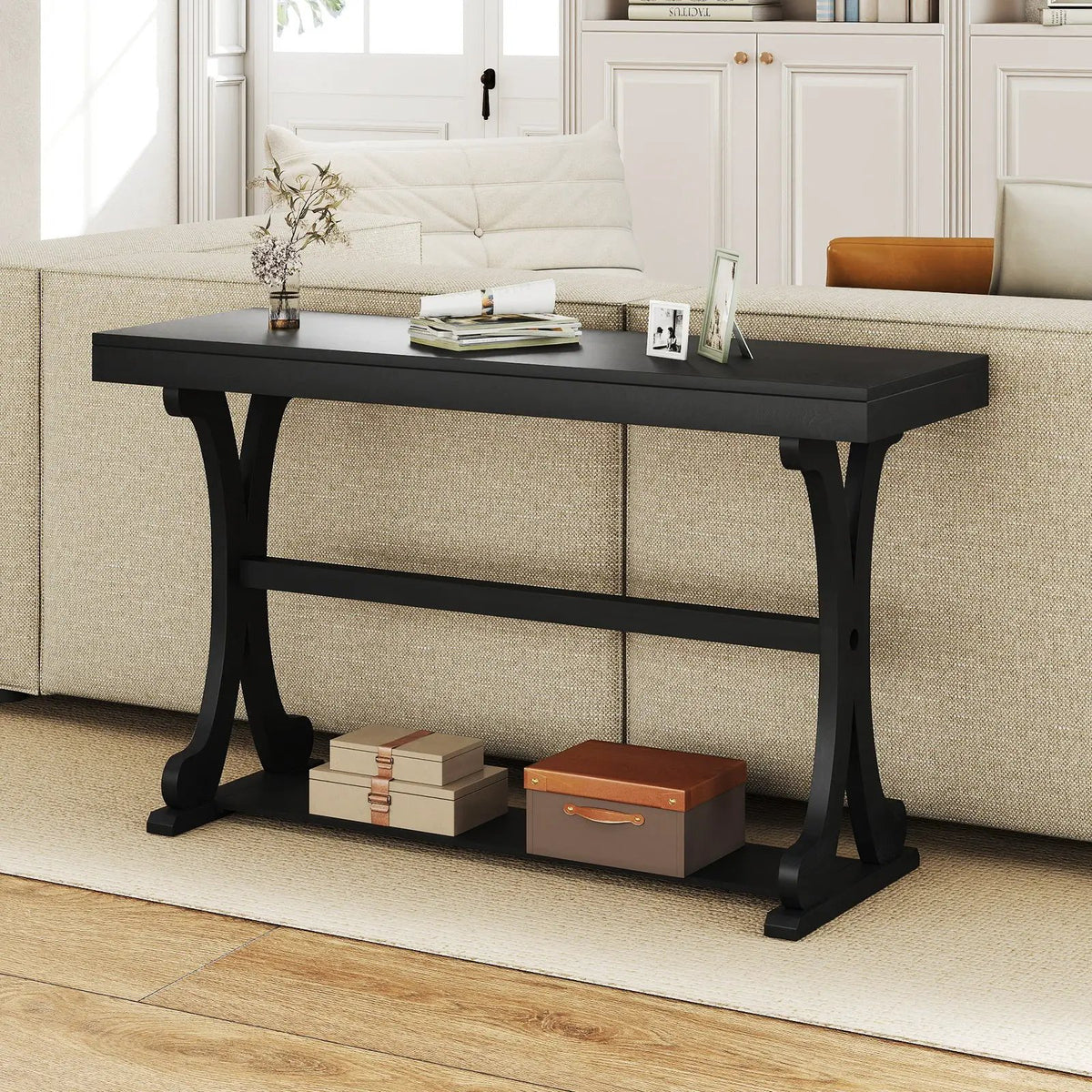 Narrow Console Table Vintage 52 Inch Long with Open Storage Shelf by DirectDeals