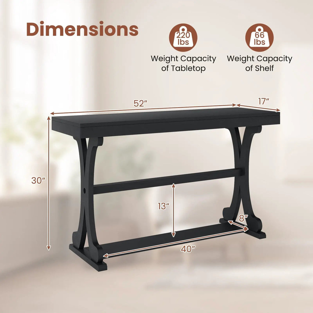 Narrow Console Table Vintage 52 Inch Long with Open Storage Shelf by DirectDeals