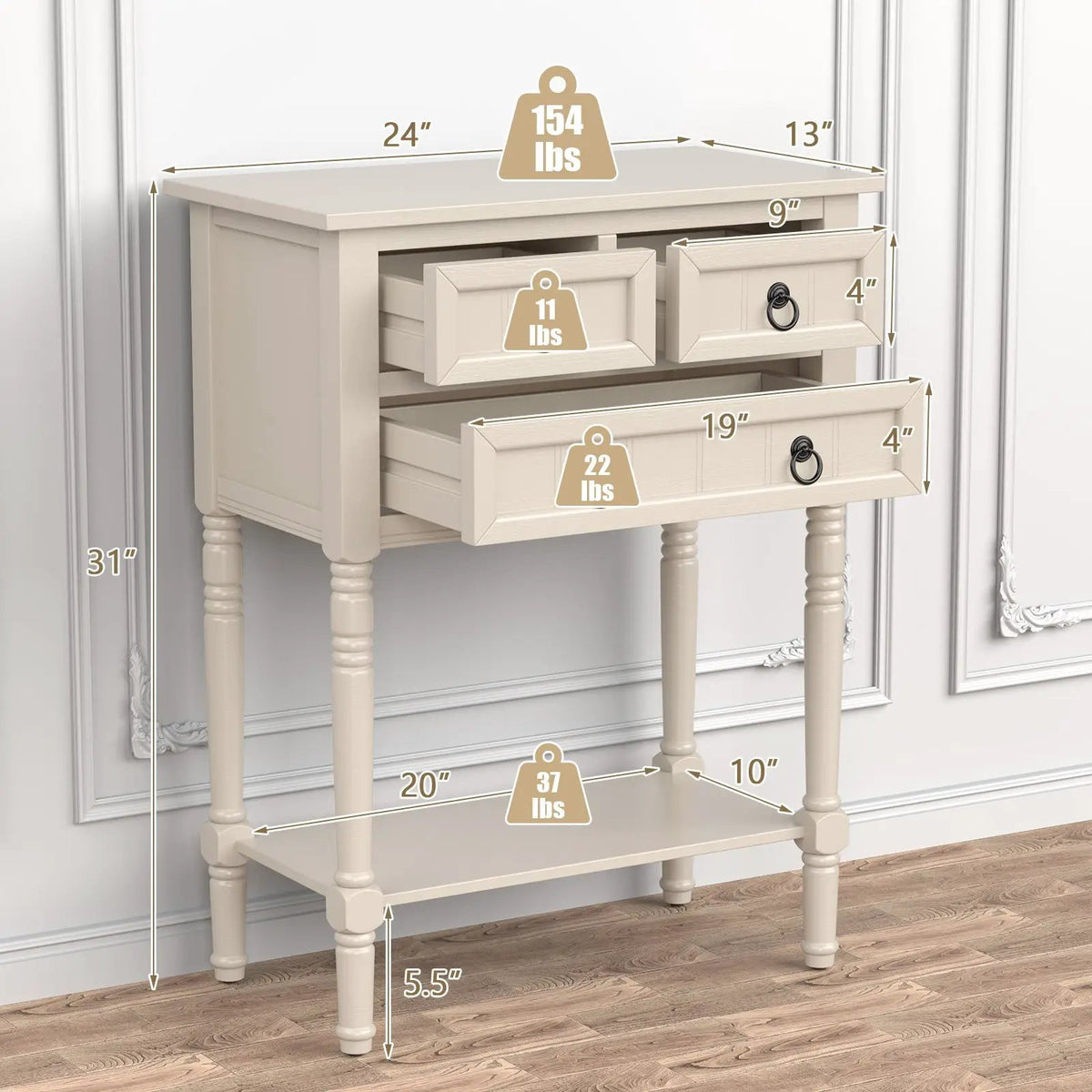 Narrow Console Table with 3 Storage Drawers and Open Bottom Shelf by DirectDeals