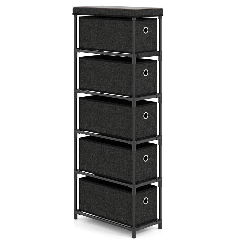 Narrow Dresser with 5 Drawers Slim Storage Tower with Metal Frame-Black by DirectDeals