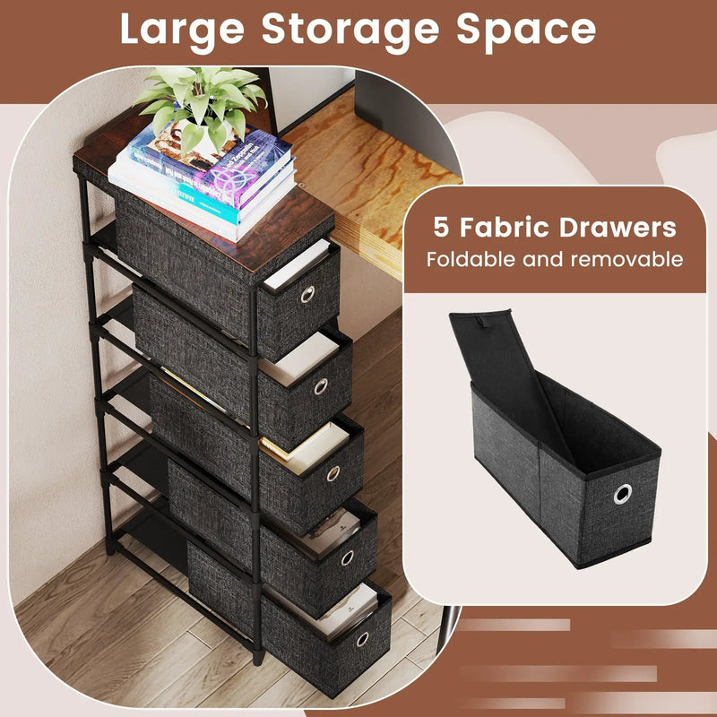 Narrow Dresser with 5 Drawers Slim Storage Tower with Metal Frame-Black by DirectDeals