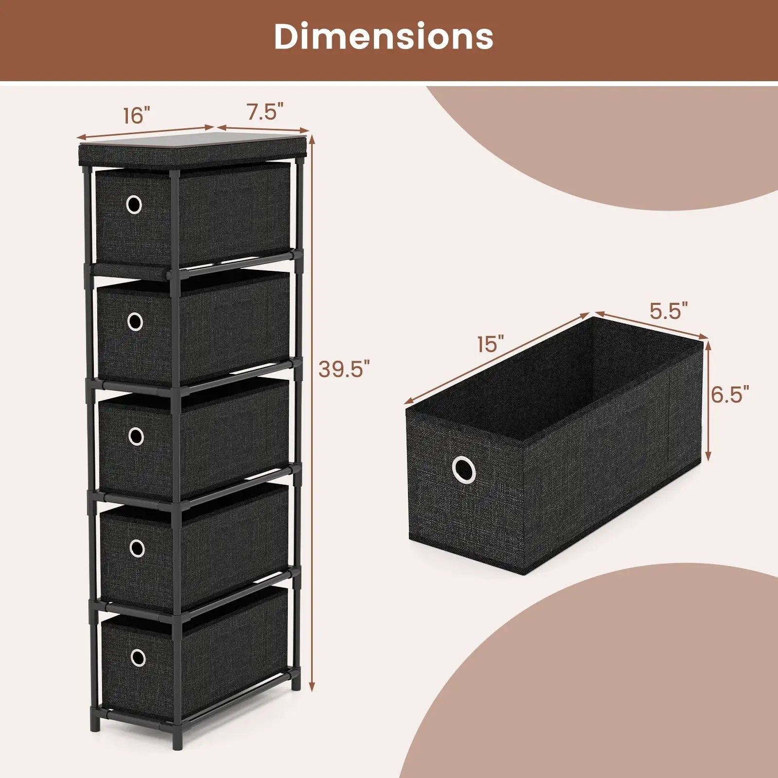 Narrow Dresser with 5 Drawers Slim Storage Tower with Metal Frame-Black by DirectDeals
