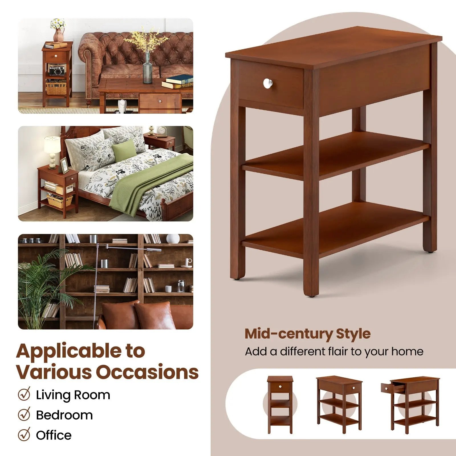 3-Tier Narrow End Table with Drawer and Storage Shelves by DirectDeals