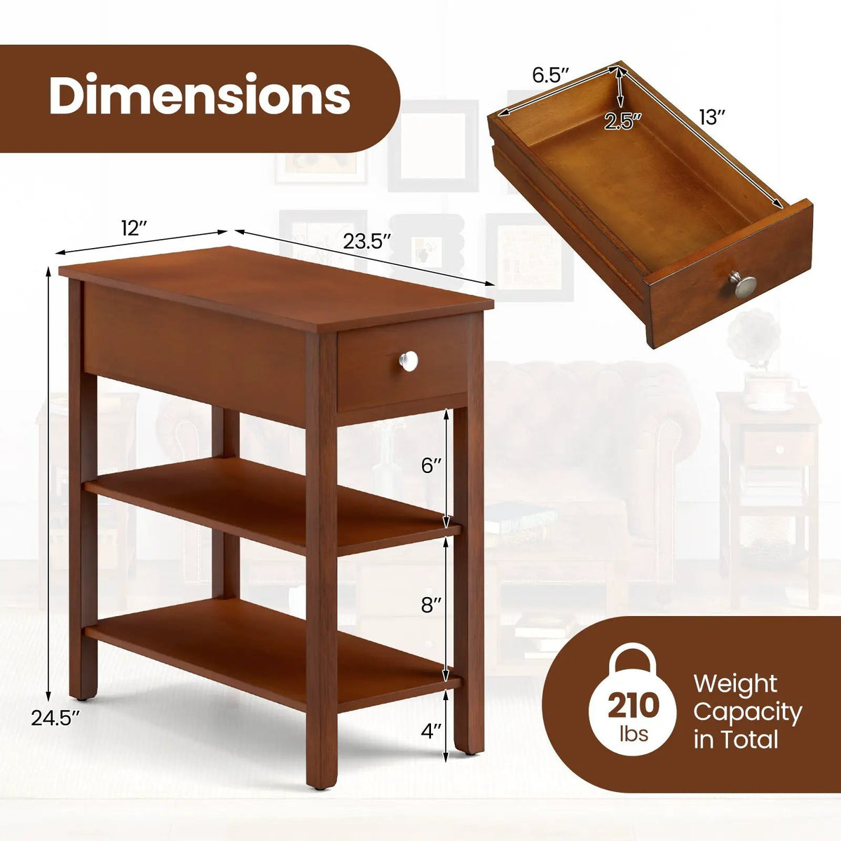 3-Tier Narrow End Table with Drawer and Storage Shelves, photo 10 of 16