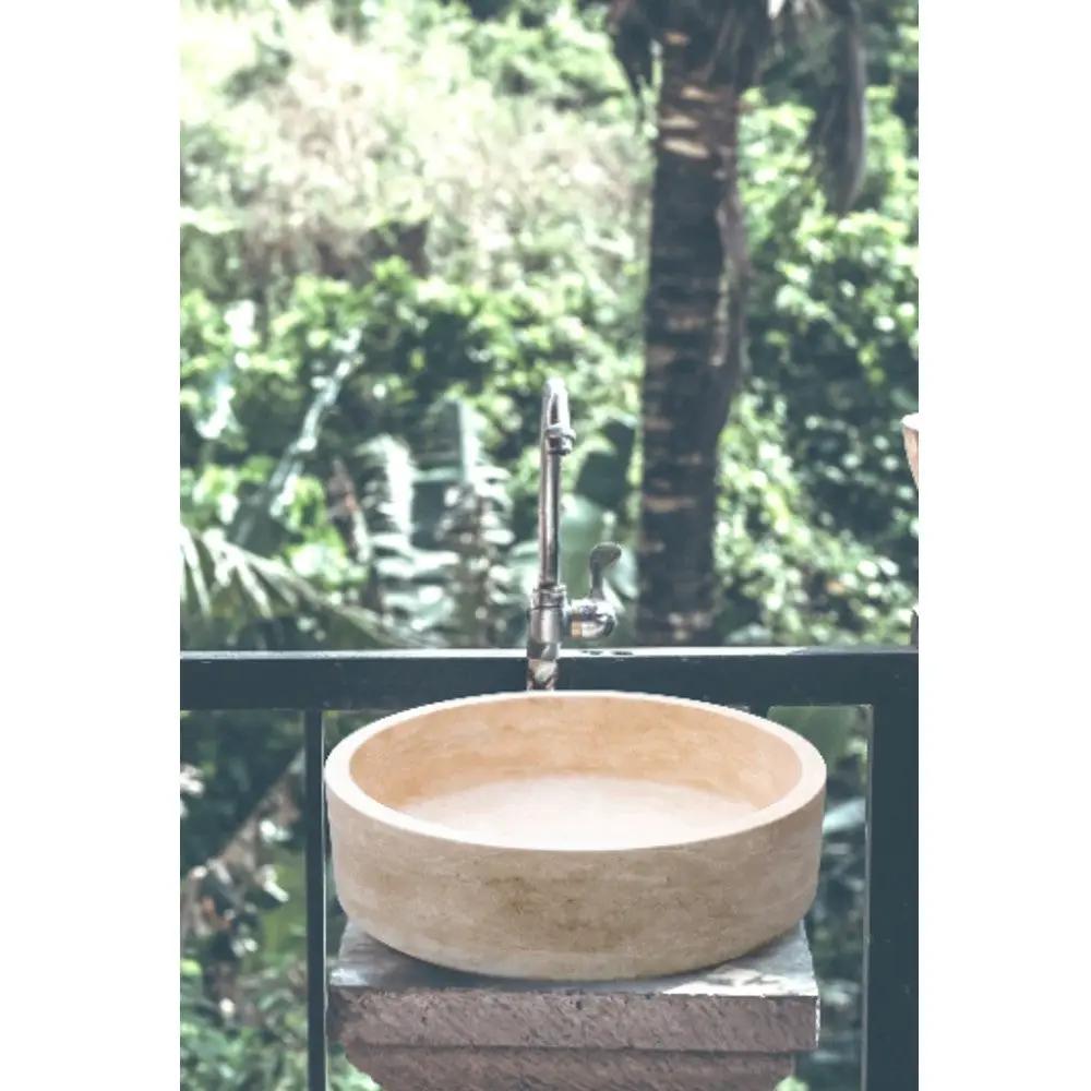Travertine Natural Stone Handcrafted Round Vessel Sink 16 Inch by GobekDesign
