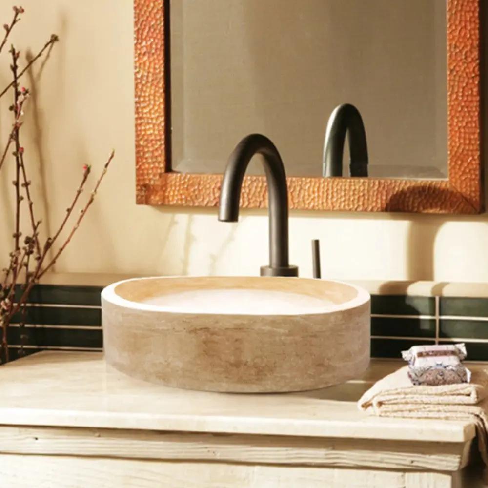 Travertine Natural Stone Handcrafted Round Vessel Sink 16 Inch by GobekDesign