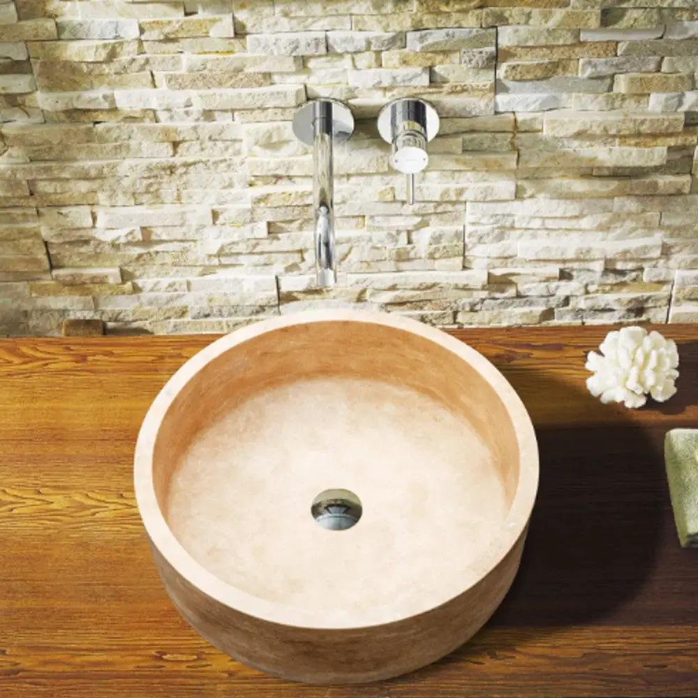 Travertine Natural Stone Handcrafted Round Vessel Sink 16 Inch by GobekDesign