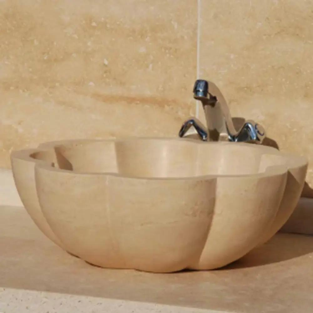 Turkish Travertine Pumpkin Shaped Vessel Sink - Handcrafted Natural Stone 16x6 Inches by GobekDesign