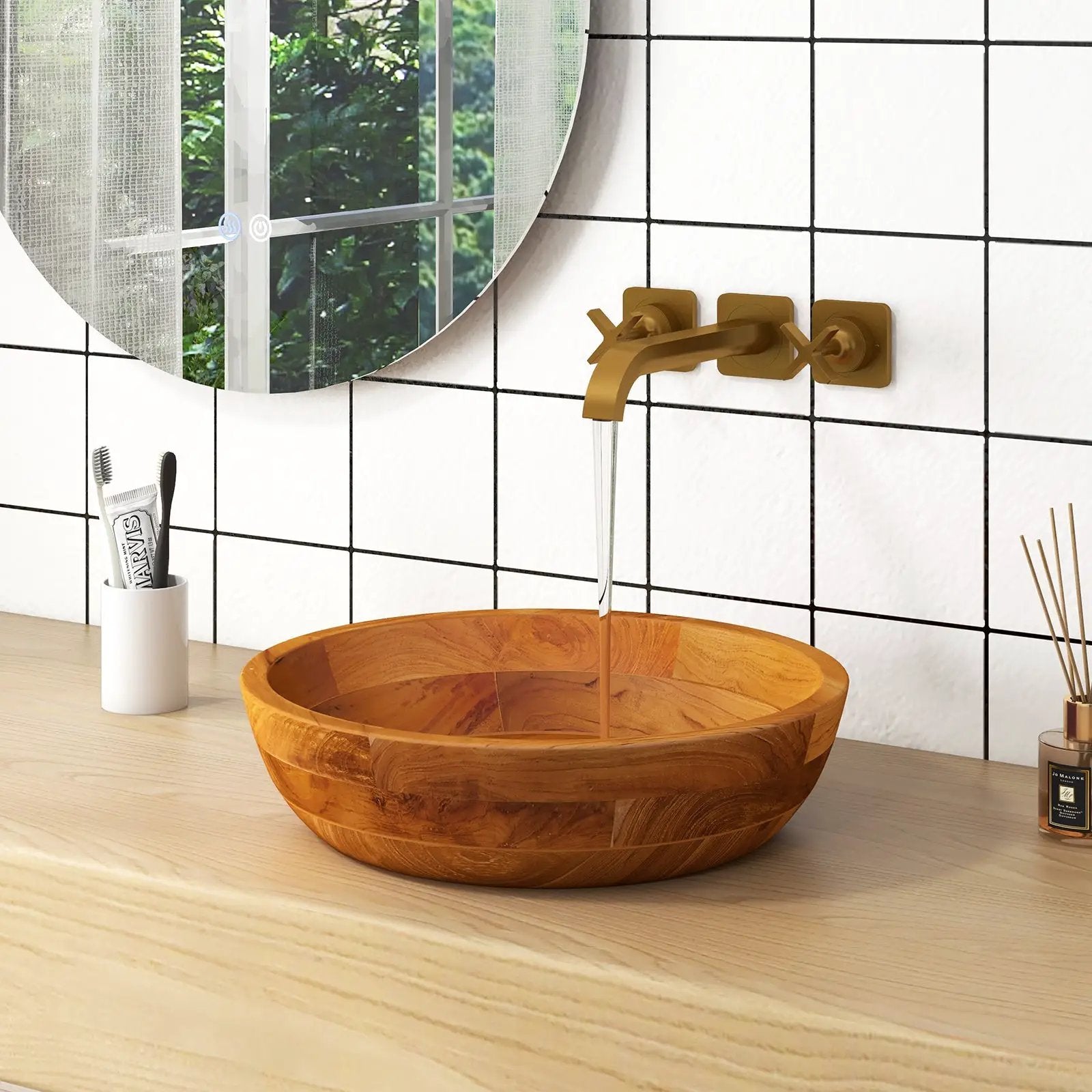 16 Inch Teak Wood Washbasin with Drainage Hole and Rounded Corners by DirectDeals